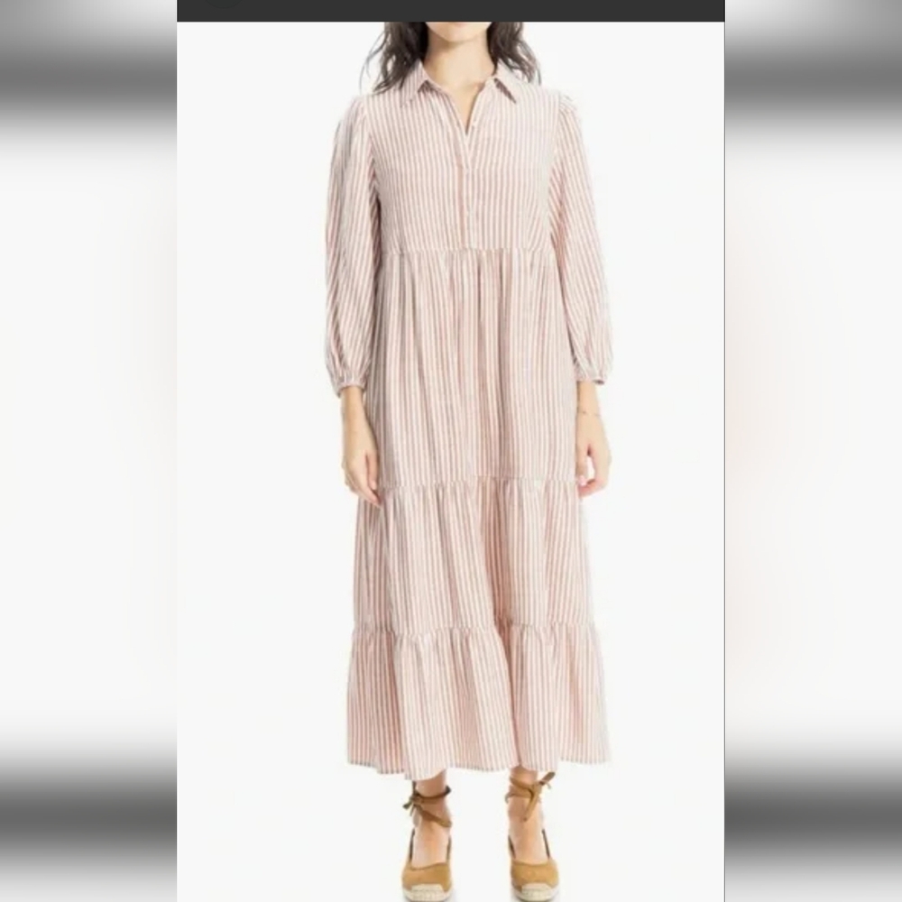 Max Studio Bohemian Beige Striped Long Sleeve Dress - Picture 2 of 16